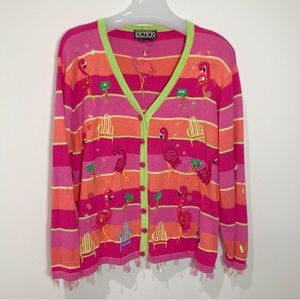 Berek2 Rare Vintage Embellished Flamingo Sweater Knit Cardigan Beads Embroidery